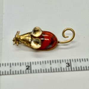 Vintage Damascene Toledo Spain 1950's Gold and Red Belly Mouse Brooch